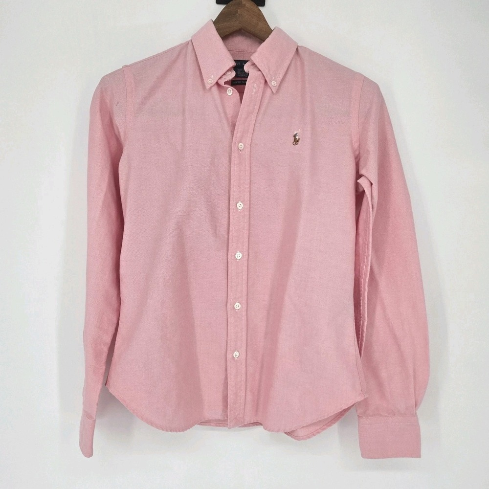 Ralph Lauren Women's 6 Pink Oxford Button Down Shirt Slim Fit Multi Color Pony